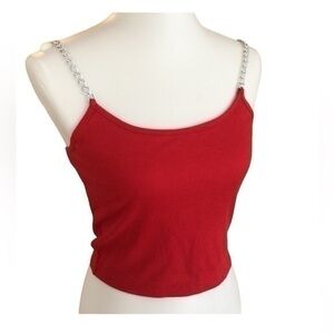 Red crop top tank with silver chain shoulder straps